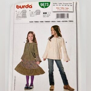 Burda Kids Girls Sewing Pattern #9673 Uncut Children Dress + Tunic size 4-10 Yrs